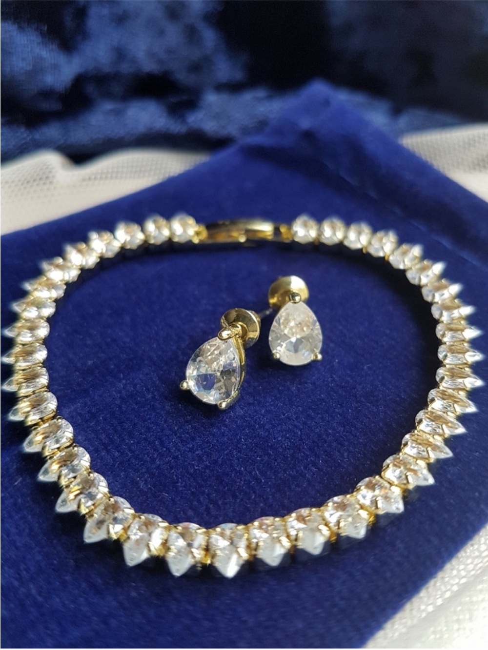 Swarovski Elements Yellow Gold Teardrop Tennis Bracelet & Earrings SET NEW